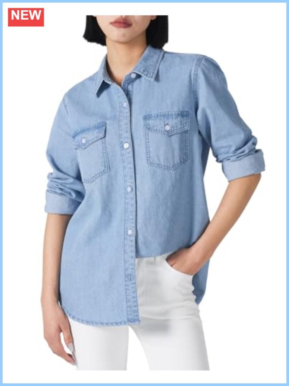 Women's Chambray Denim Shirt Long Sleeve Button Down Casual Cotton Top